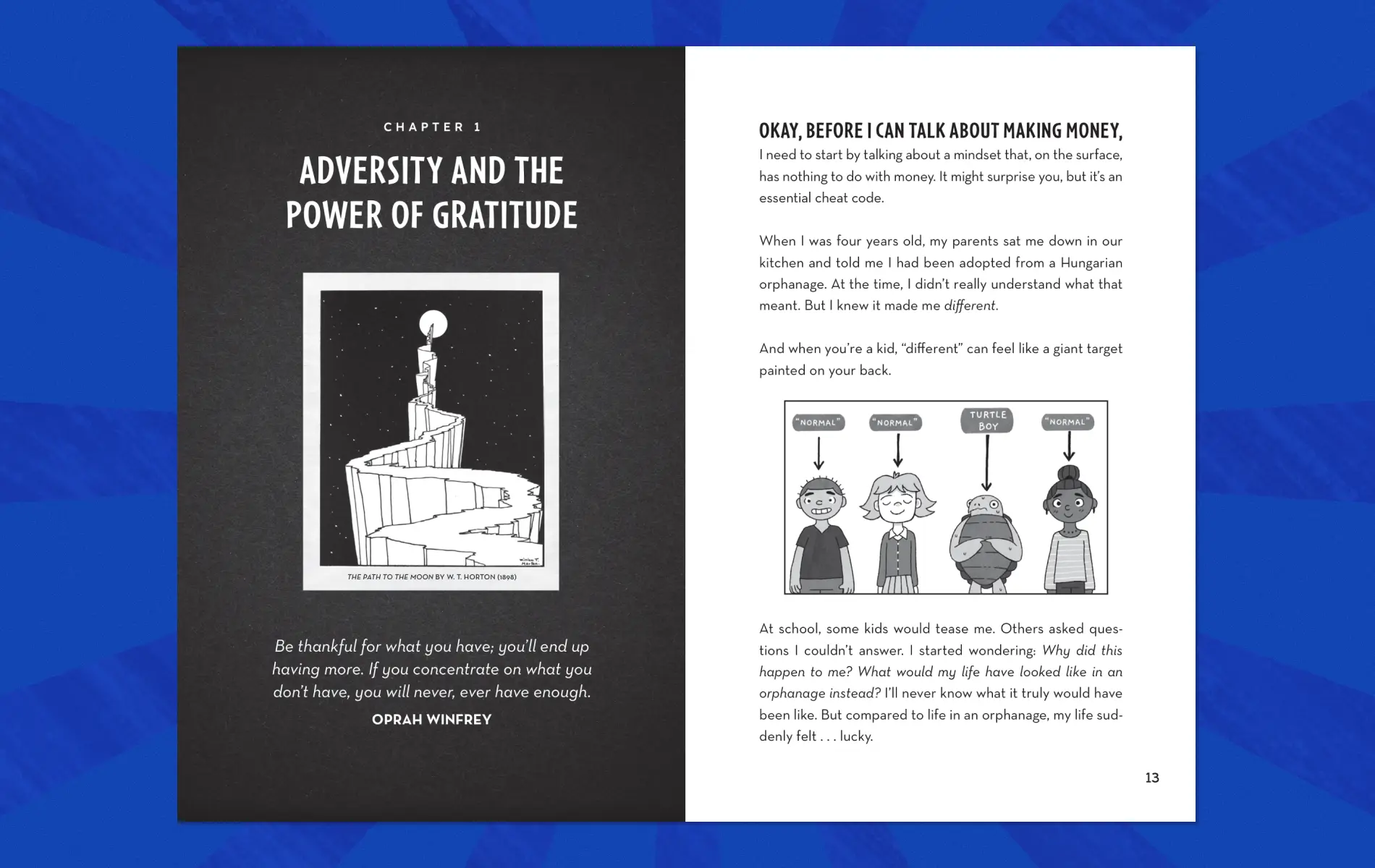 Interior spread from chapter one, Adversity and the Power of Gratitude, with an illustrated cartoon panel