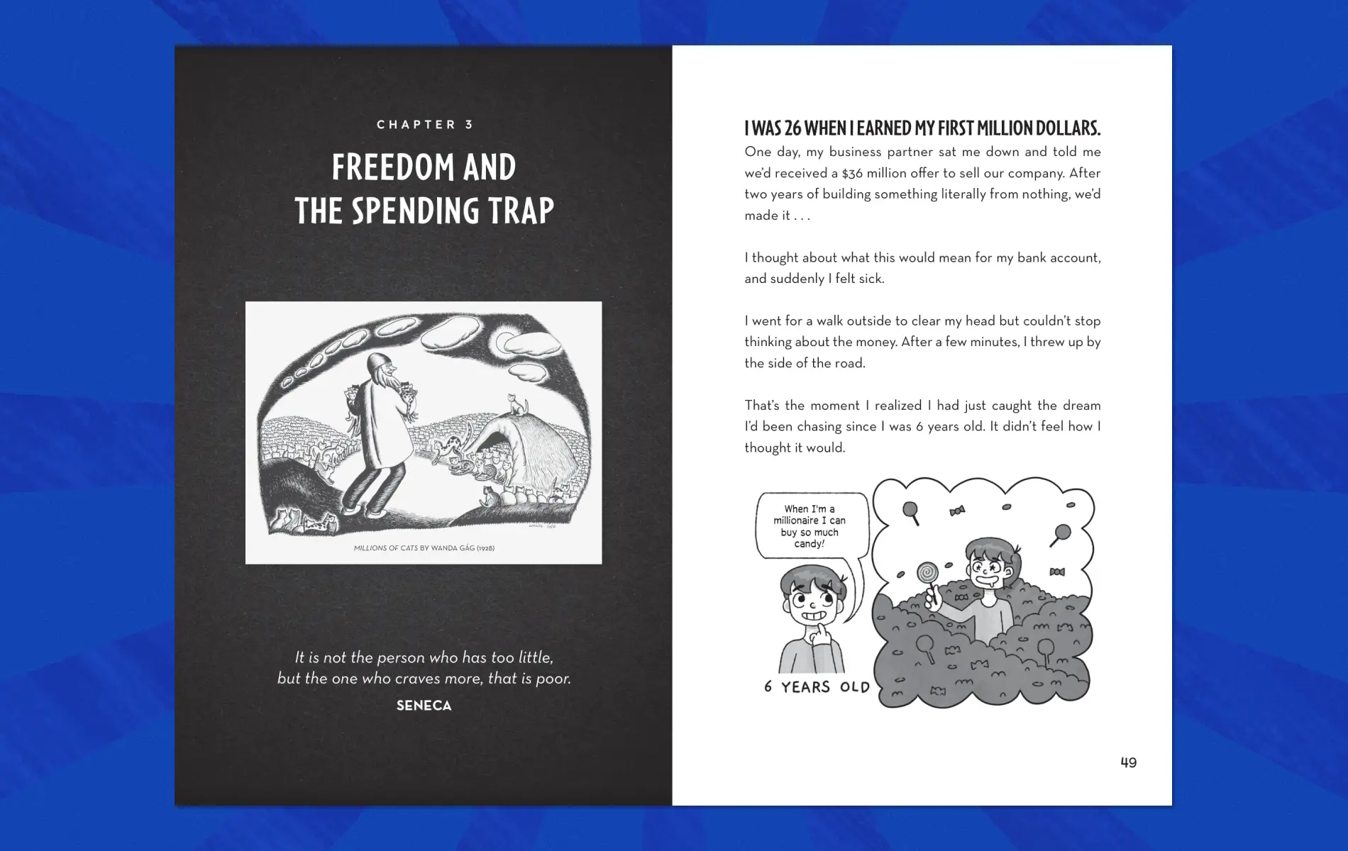Interior spread from chapter three, Freedom and the Spending Trap, with an illustrated cartoon panel