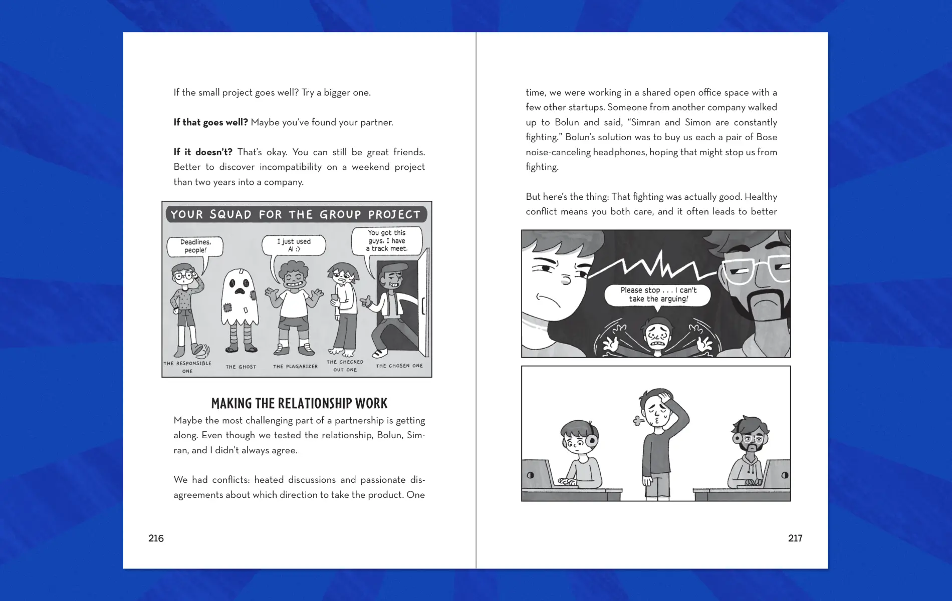 Interior spread about business partnerships with illustrated cartoon panels