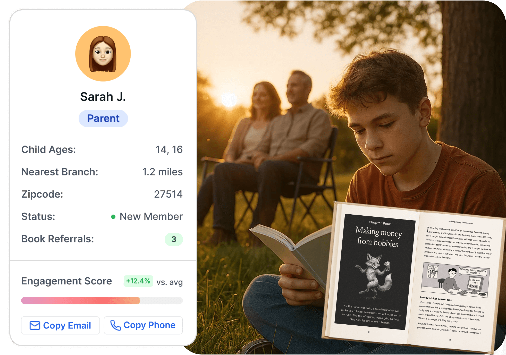 Boy reading book in field with parents watching on